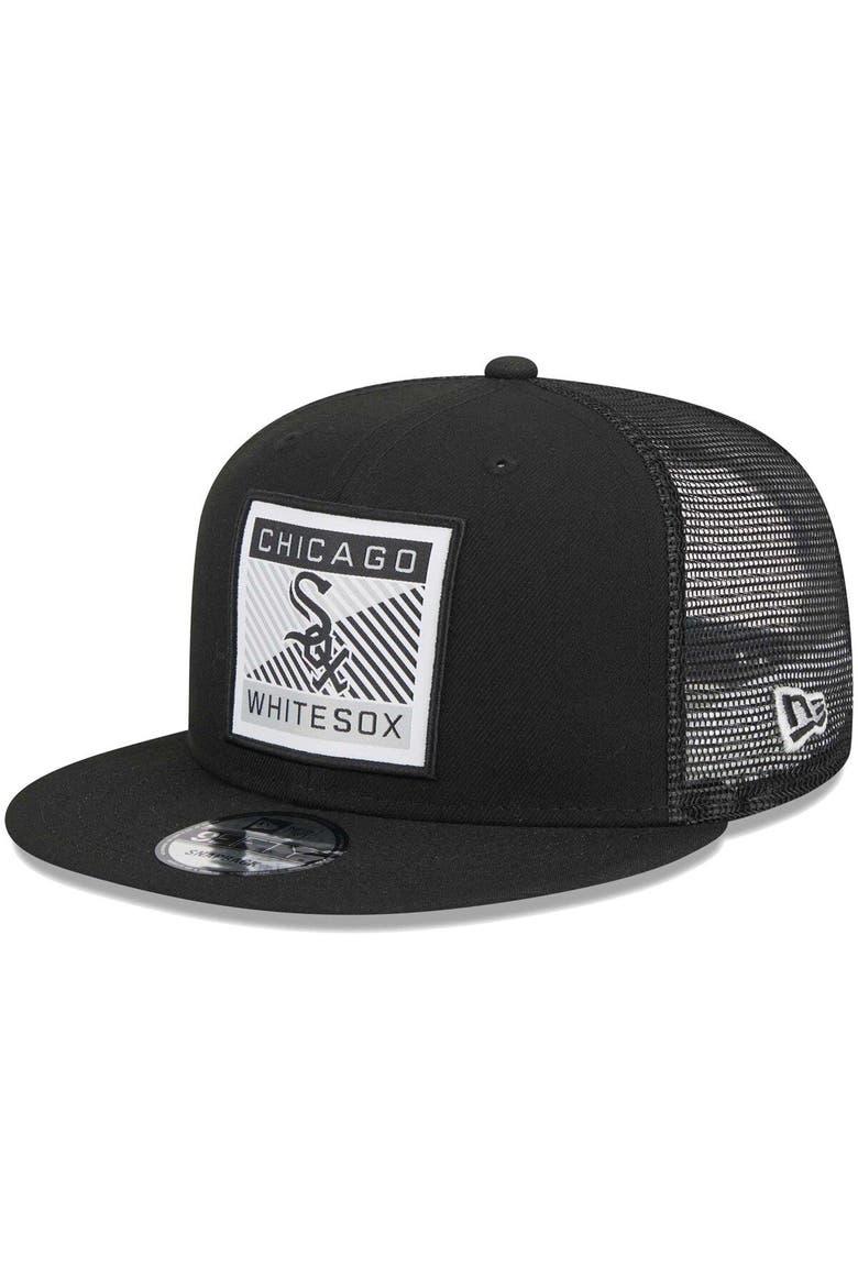Men's New Era Black Chicago White Sox Scratch Squared Trucker 9FIFTY Snapback Hat, Main, color, Black