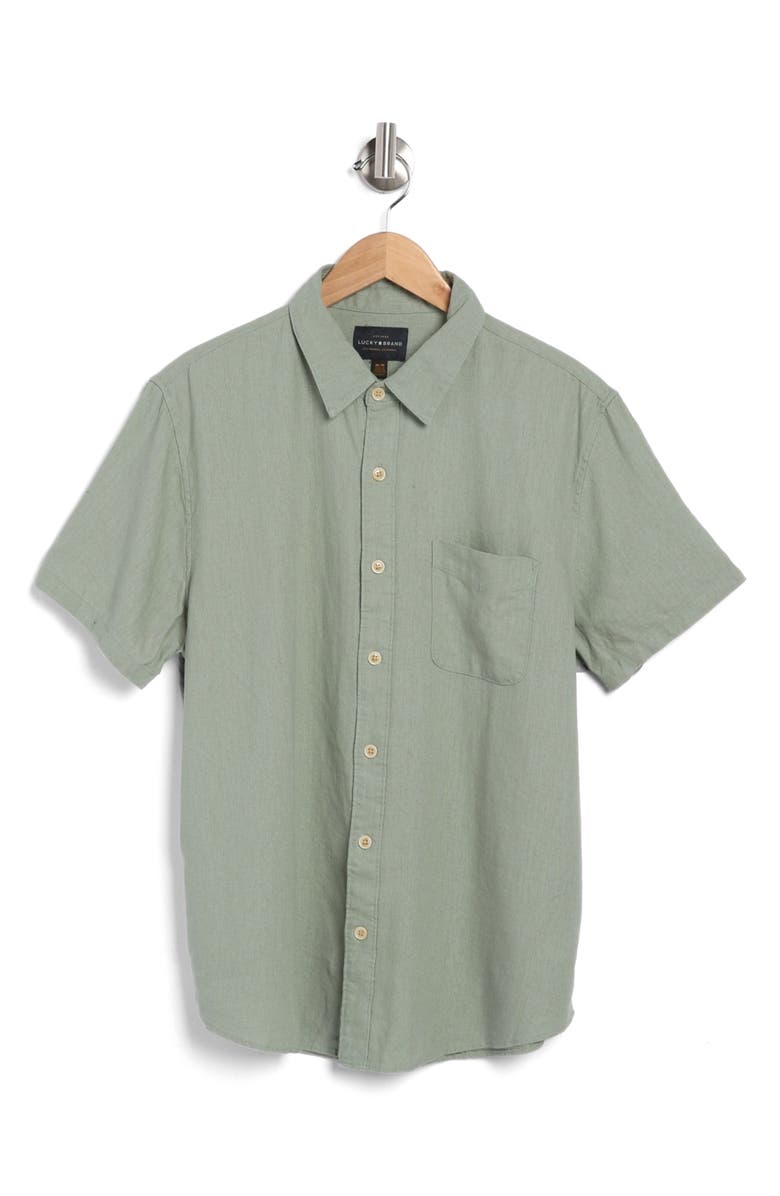 Lucky Brand San Gabriel Short Sleeve Linen Blend Button-Up Shirt, Alternate, color, Green Bay
