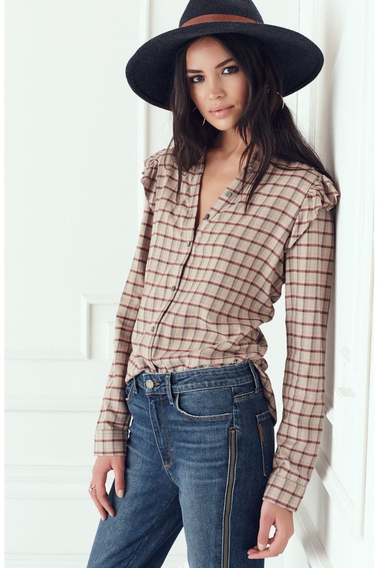 Jenelle Ruffle Plaid Shirt, Alternate, color, CHAMPAGNE MULTI