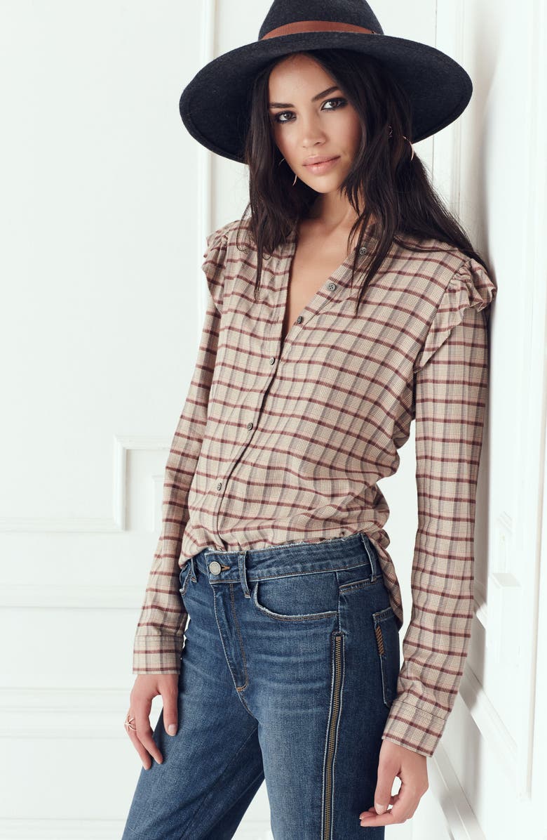 PAIGE Jenelle Ruffle Plaid Shirt, Alternate, color, Champagne Multi