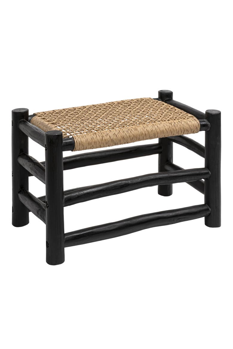 Chuck Bohemian Handcrafted Woven Synthetic Rattan Seat and Wood Indoor/Outdoor Backless Accent Stool, Main, color, Black
