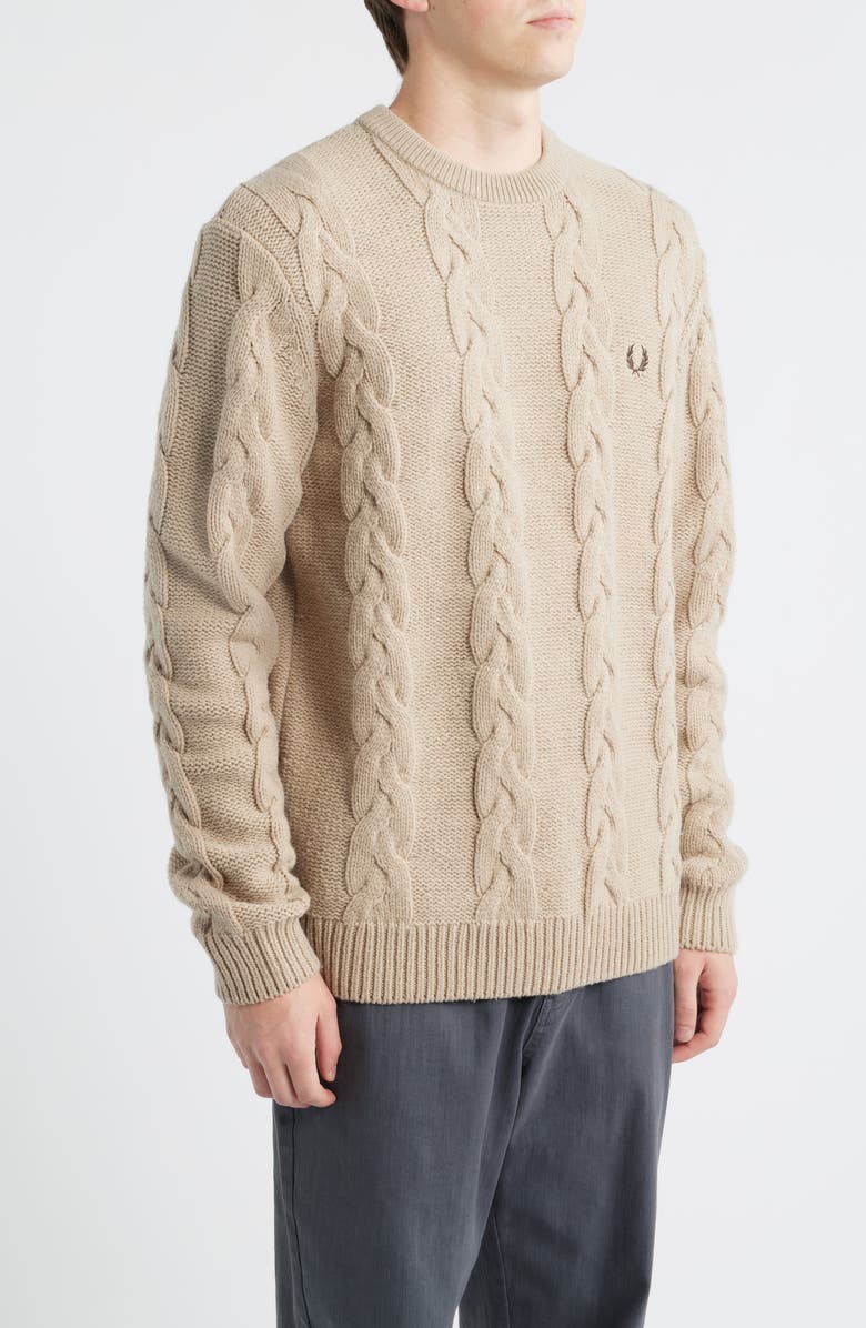 Fred Perry Cable Stitch Wool Blend Crewneck Sweater, Alternate, color, Warm Oat
