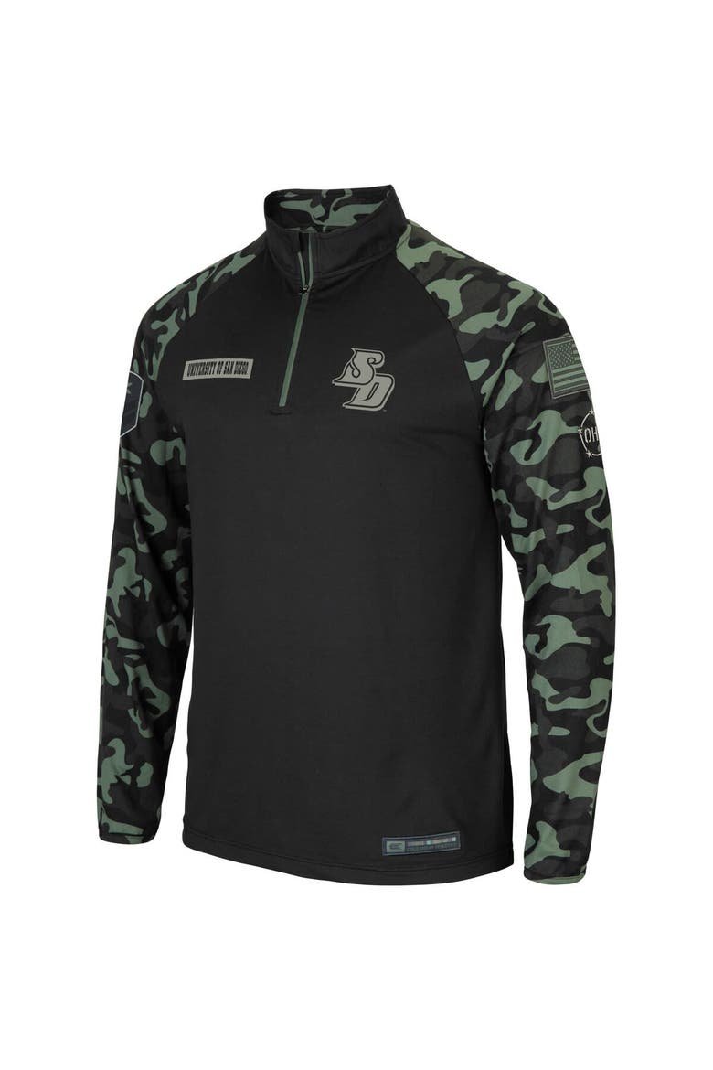 Men's Colosseum Black/Camo San Diego Toreros OHT Military Appreciation Take Flight Raglan Quarter-Zip Jacket, Alternate, color, Black