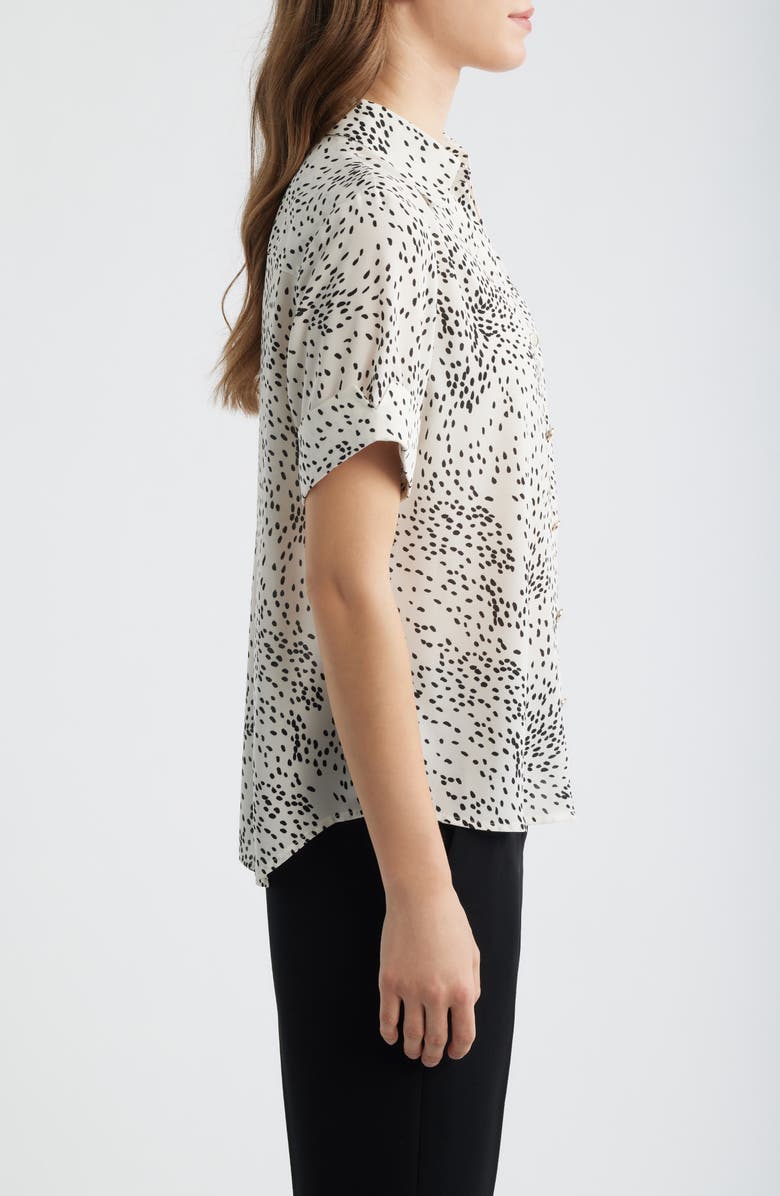 AK ANNE KLEIN Fleck Print Short Sleeve Button-Up Shirt, Alternate, color, White Dove/ Anneblack