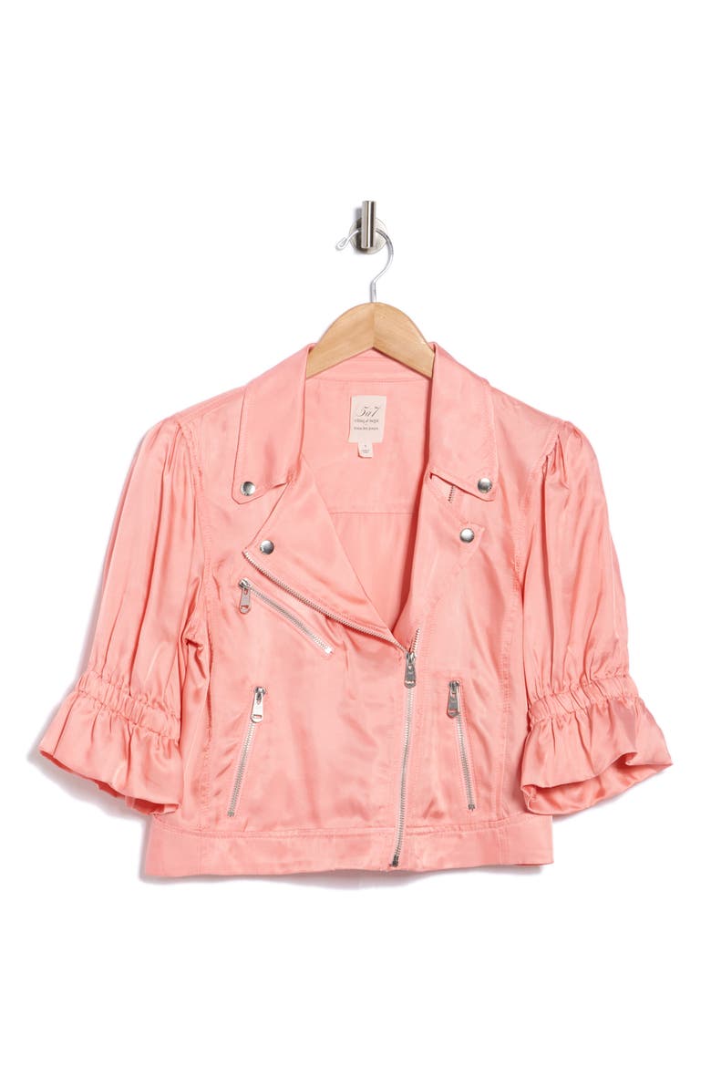 Everlee Ruffle Crop Moto Jacket, Alternate, color, PINK POPPY