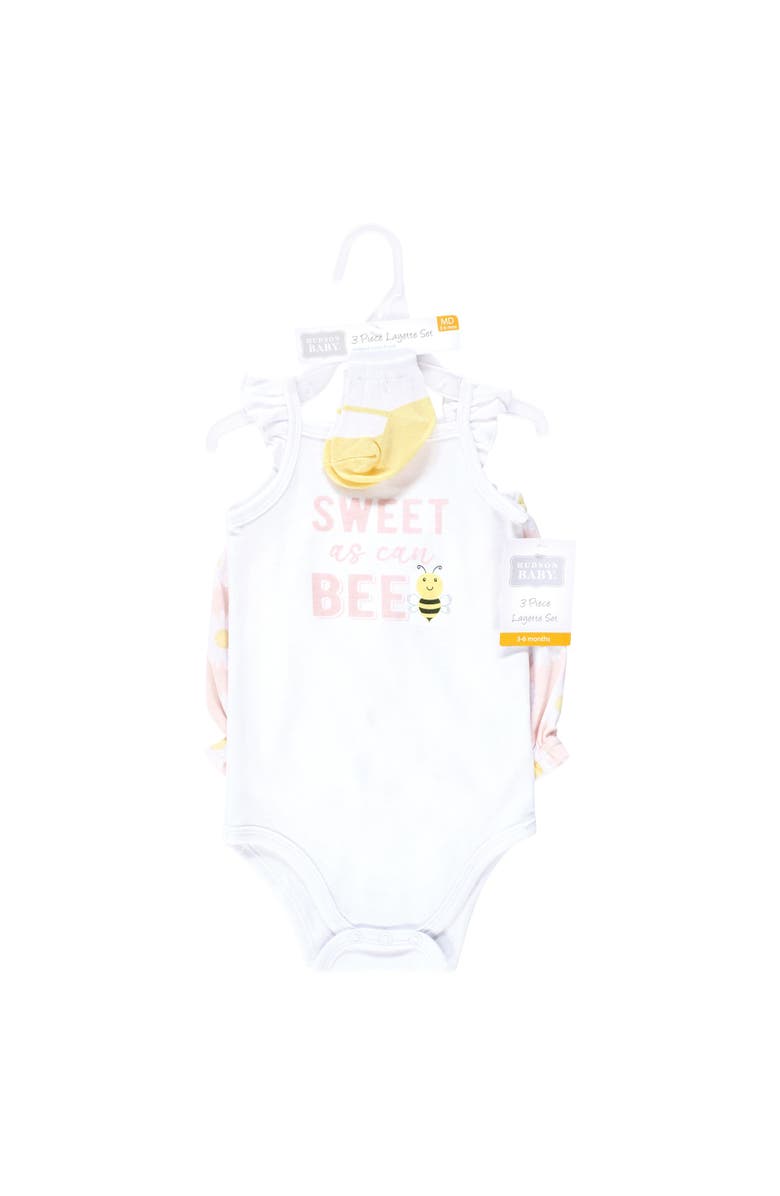 Hudson Baby Coordinated Bodysuit Outfit with Shorts and Socks, Alternate, color, Bee Pink Daisy