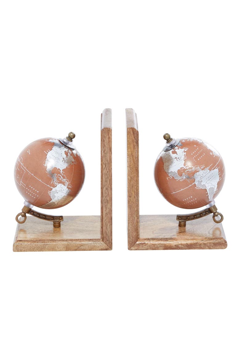 Brown Wood Globe Bookends, Main, color, BROWN