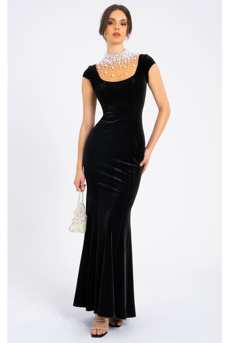 Rachael Velvet Pearl Embellished Gown, Main, color, Black