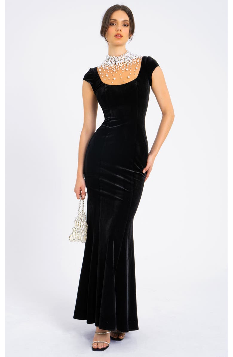Miss Circle Rachael Velvet Pearl Embellished Gown, Main, color, Black