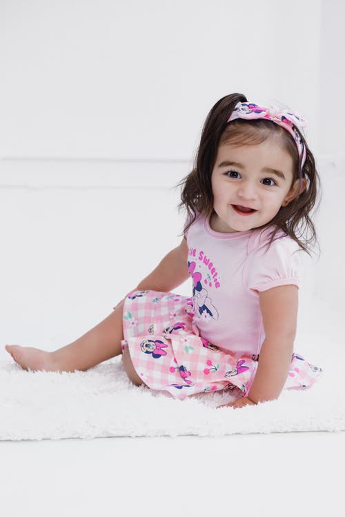 Disney Minnie Mouse Bodysuit Skirt & Headband Set In Pink