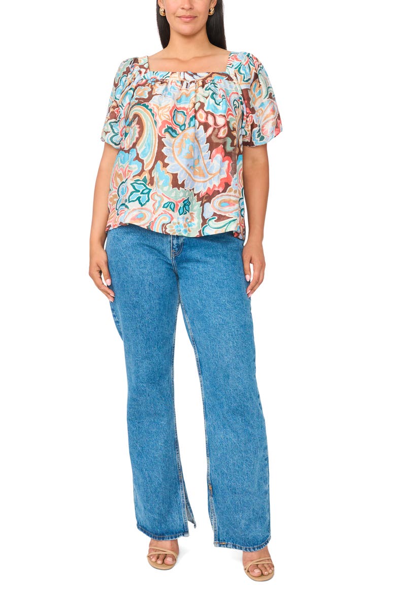 Floral Short Sleeve Tiered Top, Alternate, color, COCOA
