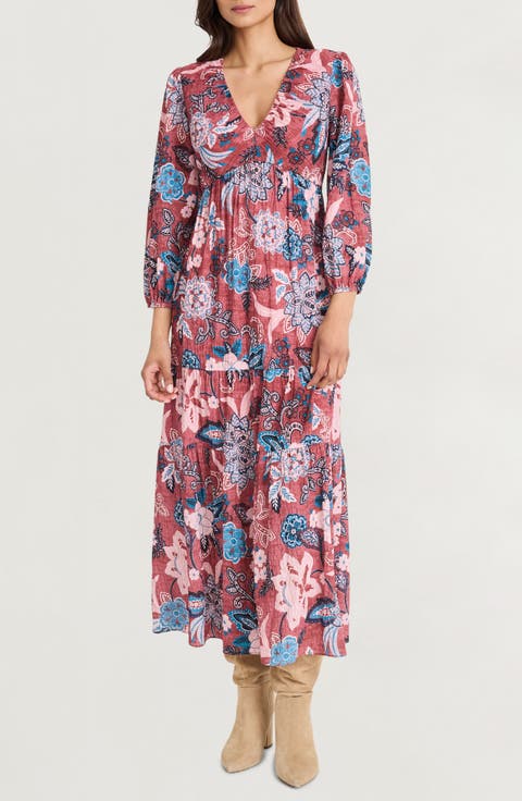 Floral Long Sleeve Empire Waist Tiered Maxi Dress