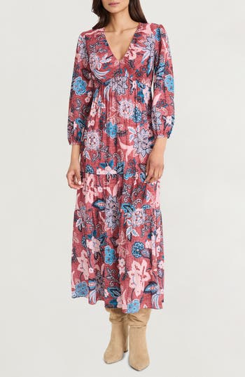 The Good Journey Floral Long Sleeve Empire Waist Tiered Maxi Dress In Multi