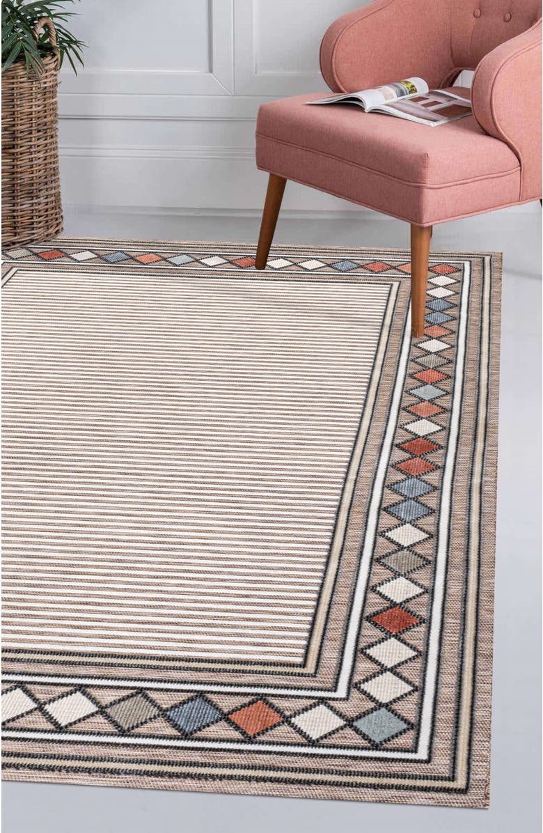 JONATHAN Y Sebastian High-Low Modern Diamond Border Indoor/Outdoor Area Rug, Alternate, color, Brown/Ivory