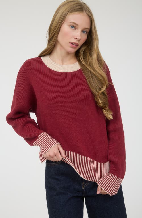 Blu Pepper Contrast Trim Back Button Sweater In Burgundy