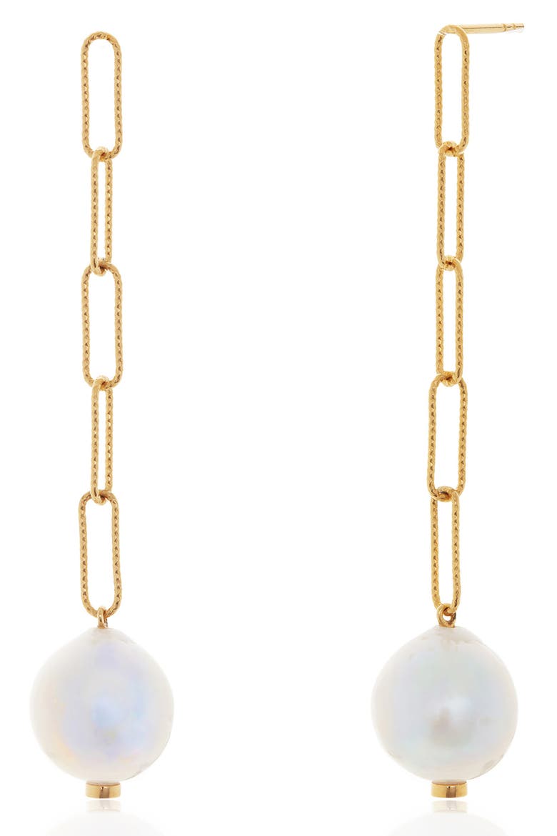 Baroque Pearl Linear Drop Earrings, Main, color, YELLOW GOLD
