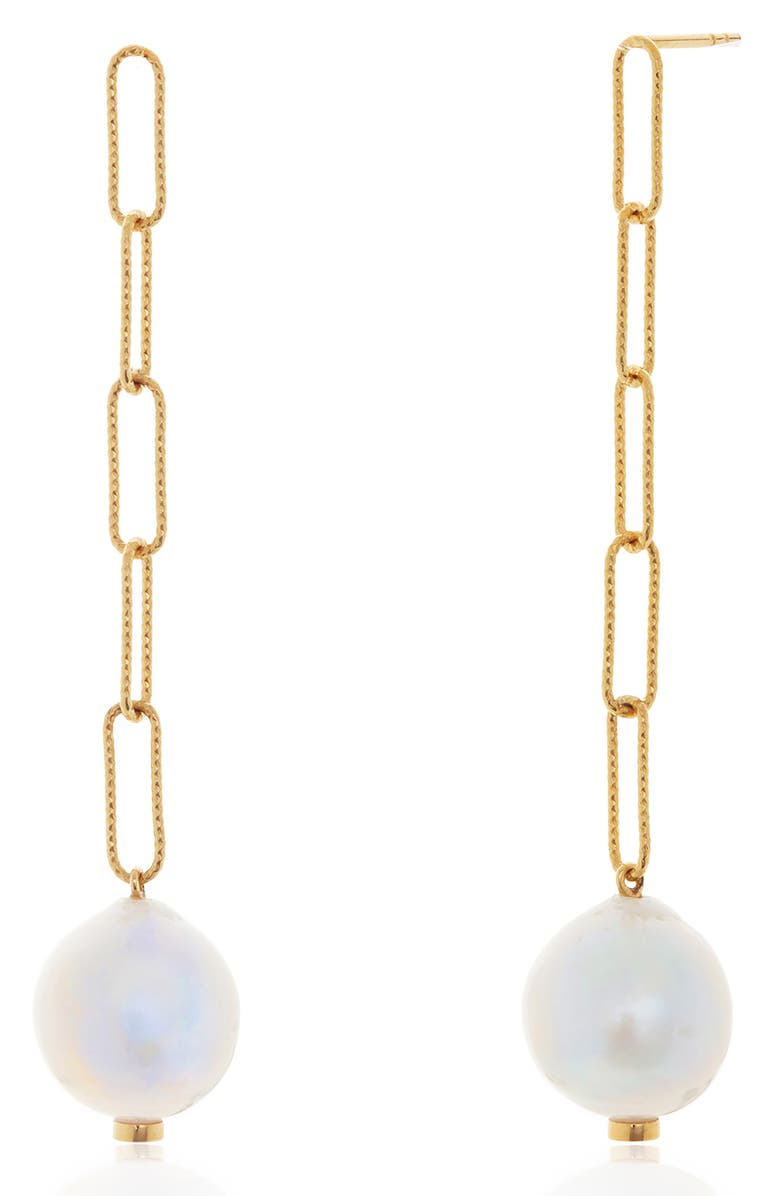 Monica Vinader Baroque Pearl Linear Drop Earrings, Main, color, Yellow Gold