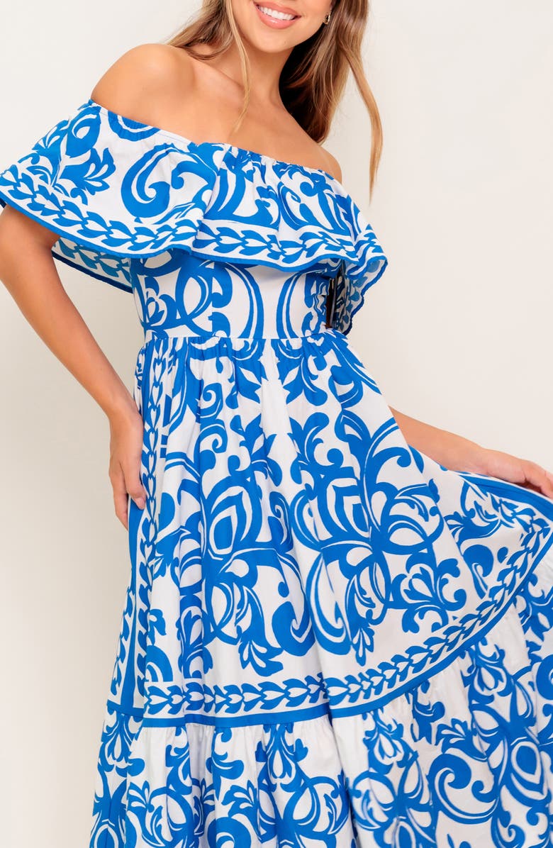 FLYING TOMATO Filigree Off the Shoulder Midi Dress, Alternate, color, Blue White