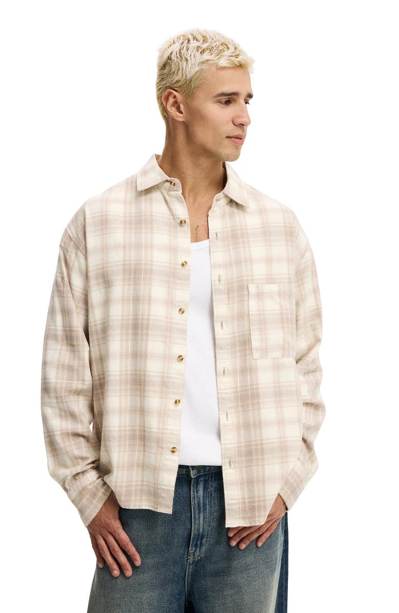 Cotton On Men's Tribeca Long Sleeve Shirt, Main, color, Stone Check