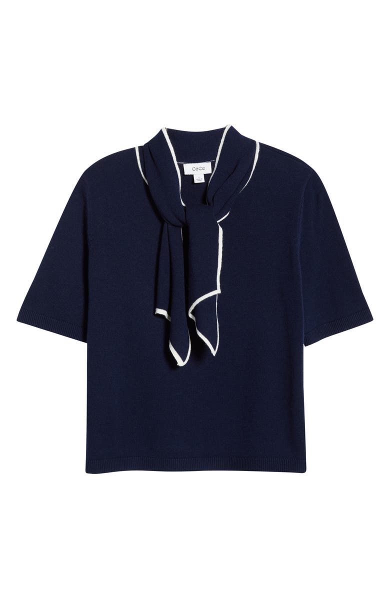 CeCe Tipped Tie Neck Sweater, Alternate, color, Classic Navy