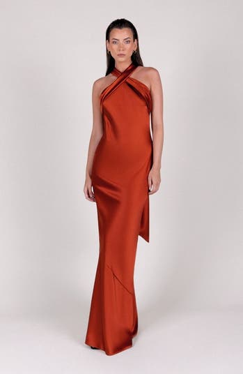 rewritten roma halterneck bridesmaid dress Roma Burnt Orange Satin Bridesmaid Dress | Halterneck Maxi | Sizes 8–22