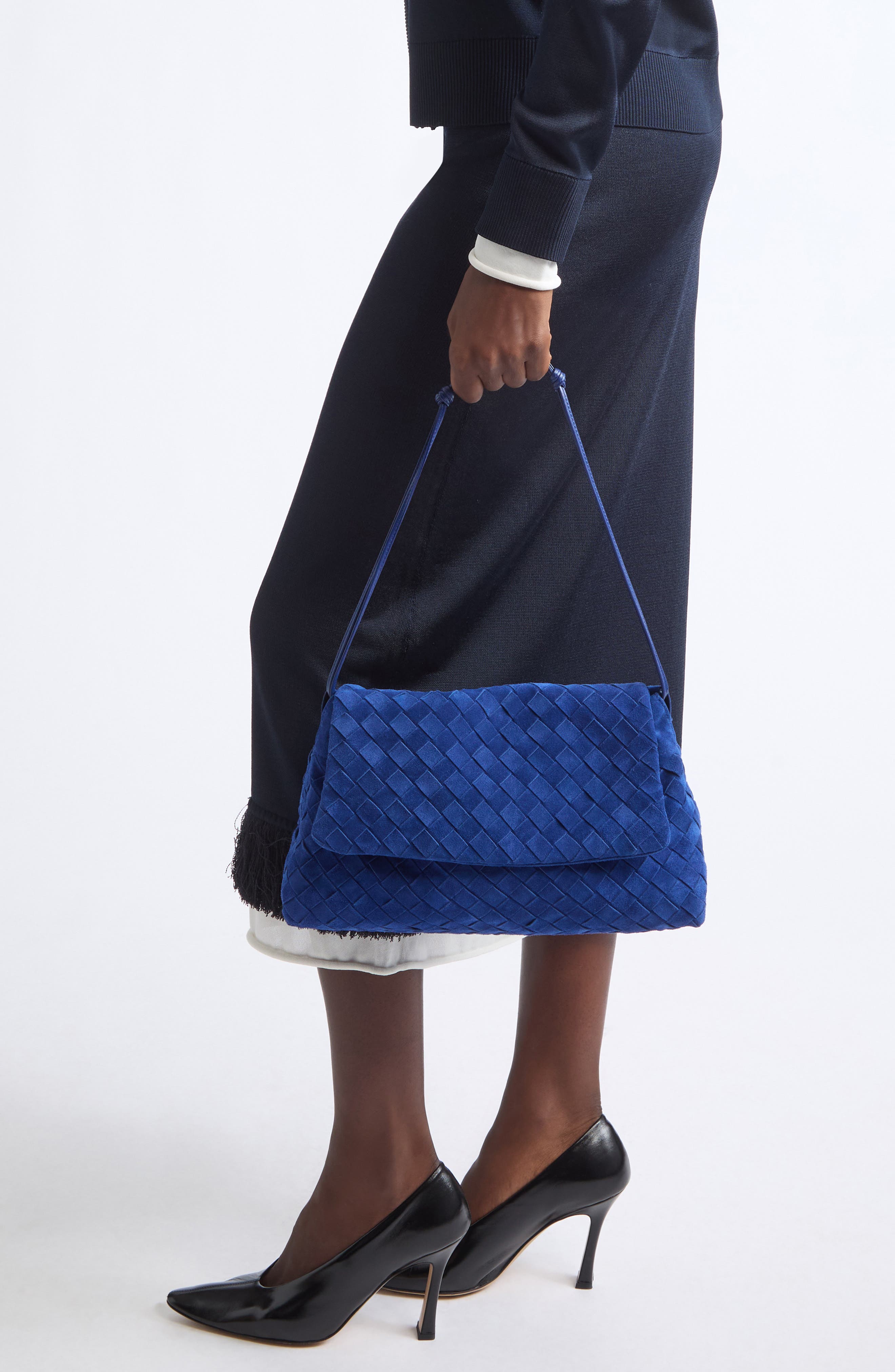 Giorno Intrecciato Suede Shoulder Bag, Alternate, color, 4297 BLUE ROYAL/ GOLD