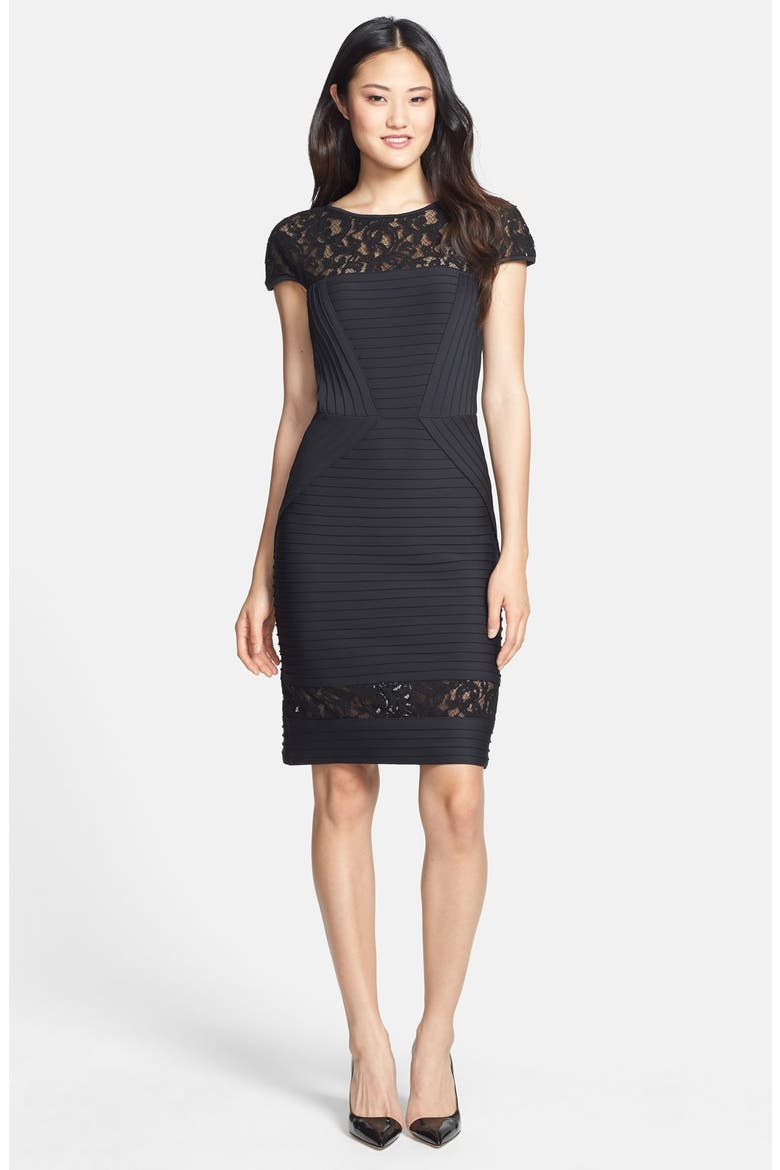 Lace Inset Pintuck Sheath Dress, Alternate, color, BLACK