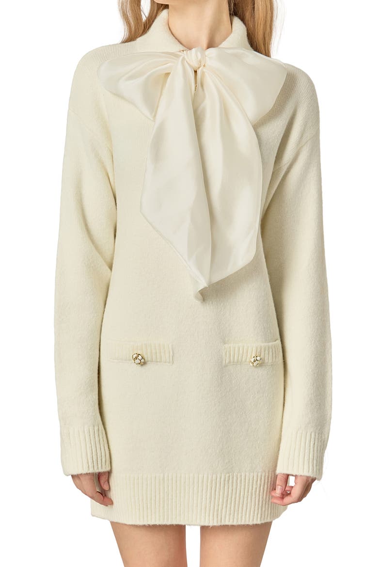 Detachable Bow Long Sleeve Sweater Minidress, Alternate, color, CREAM