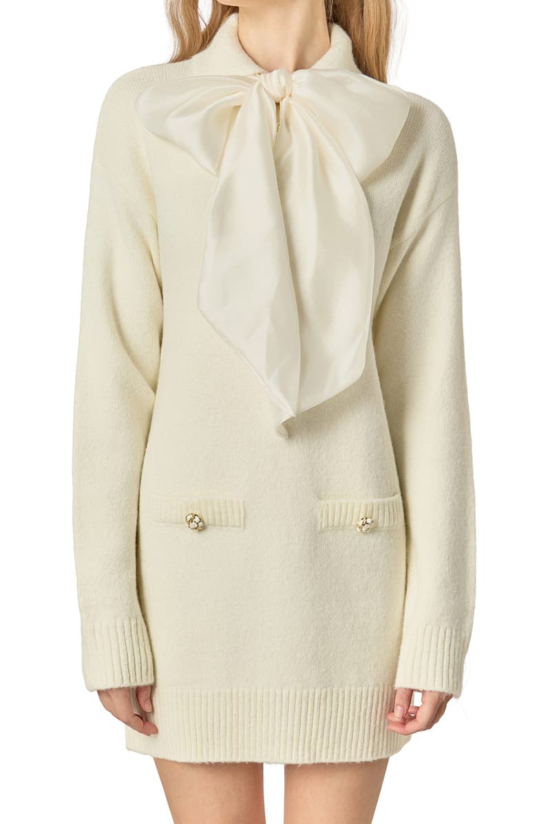 English Factory Detachable Bow Long Sleeve Sweater Minidress, Alternate, color, Cream