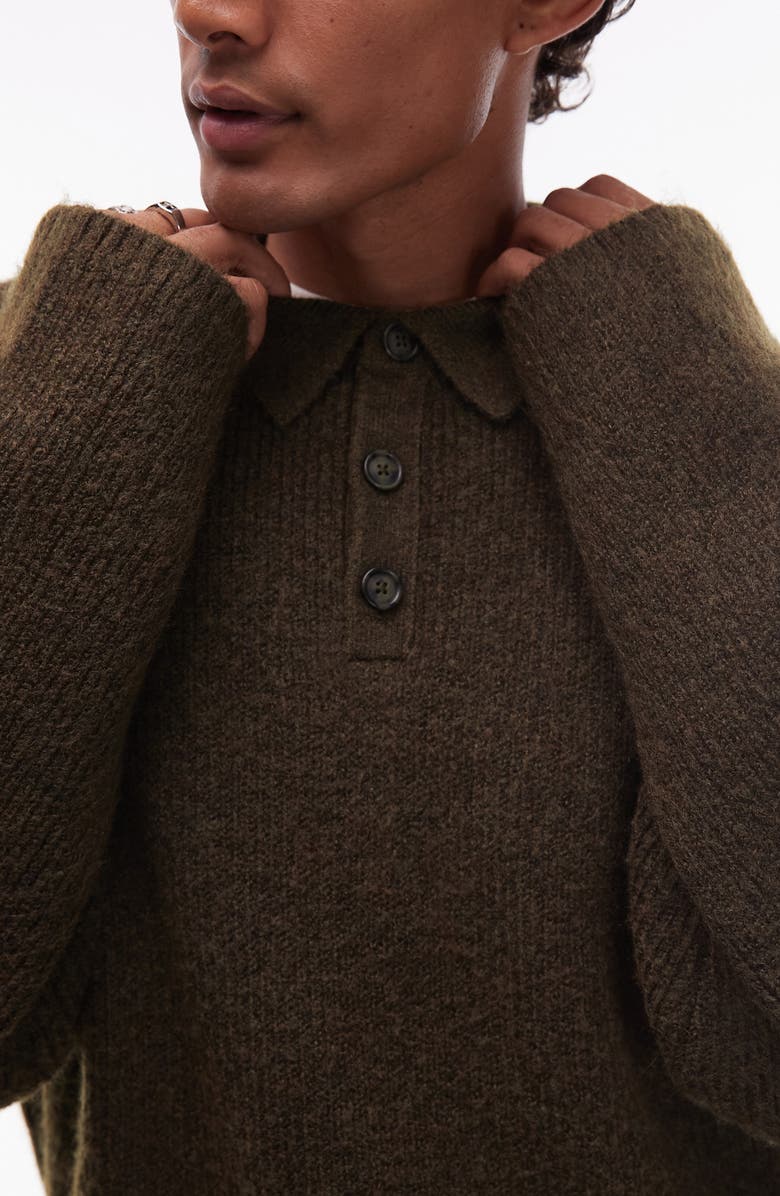 Topman Oversize Long Sleeve Sweater Polo, Alternate, color, Khaki