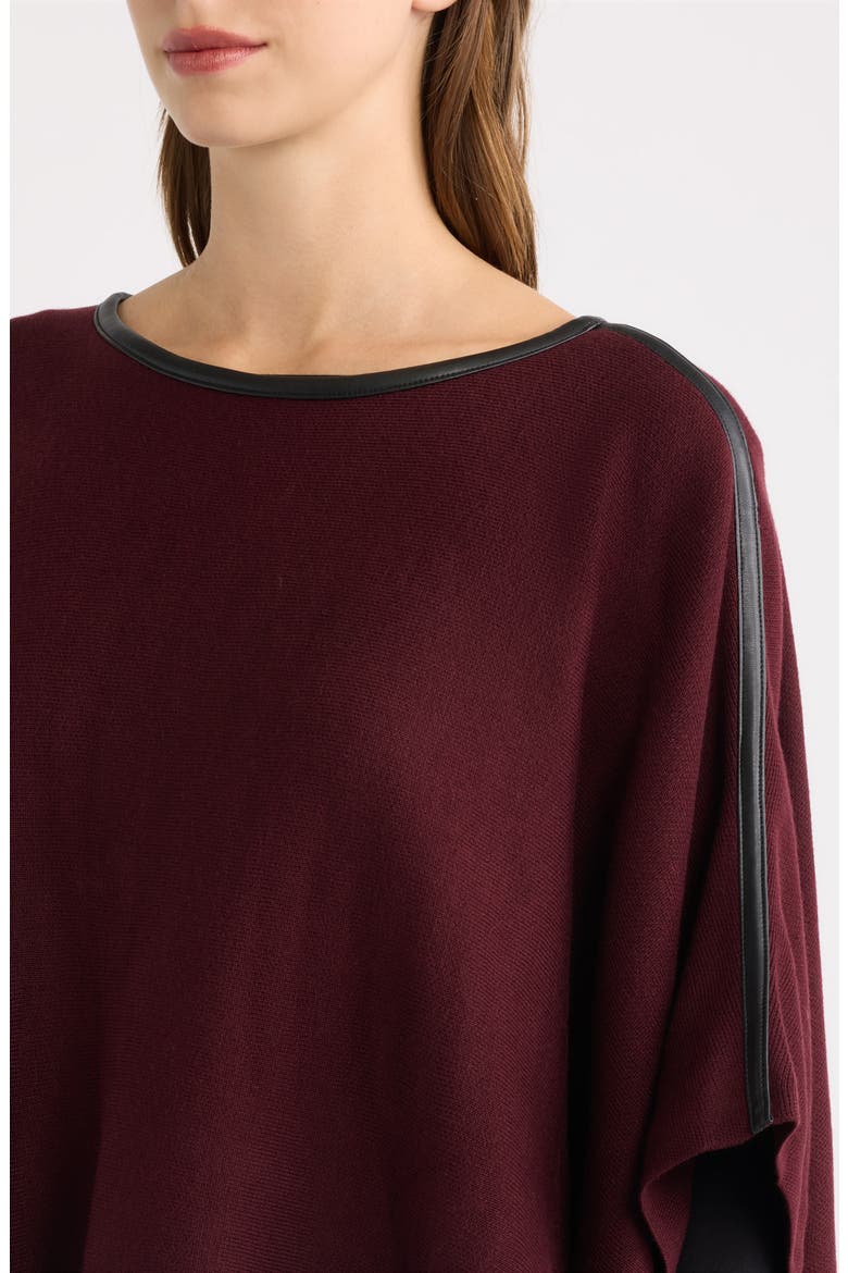 Faux Leather Trim Knit Cape, Alternate, color, BAROLO