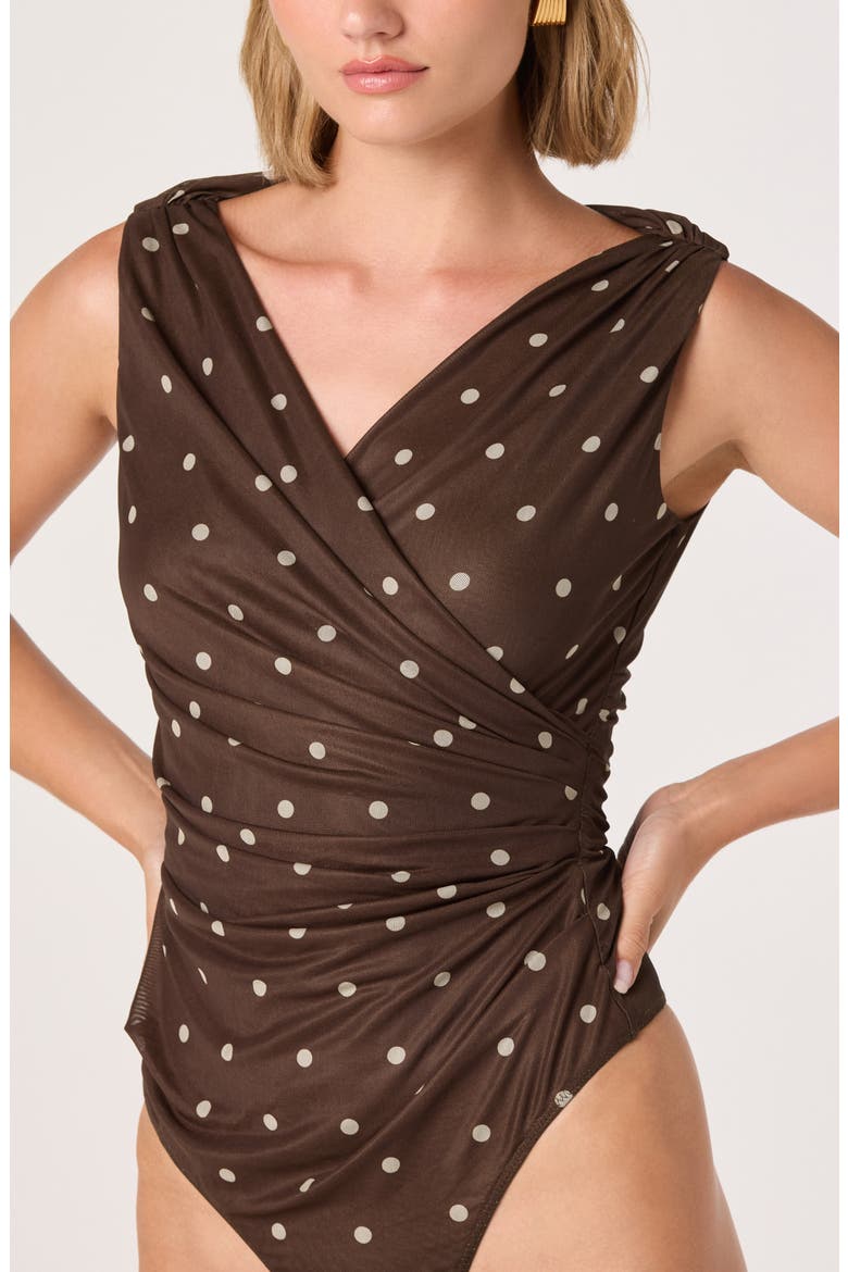 Claudia Polka Dot Surplice Bodysuit, Alternate, color, BROWN POLKA DOT