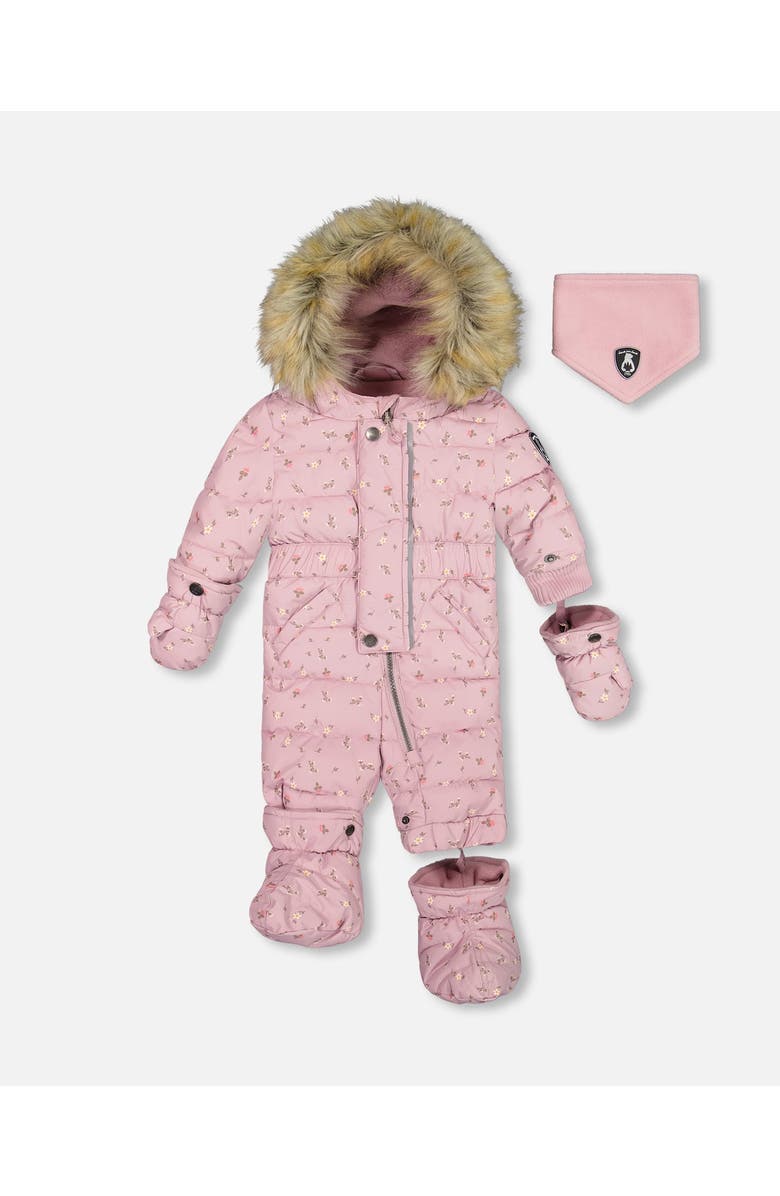 Deux par Deux Baby Girl's One Piece Baby Snowsuit Rose Printed Mini Flowers, Main, color, 