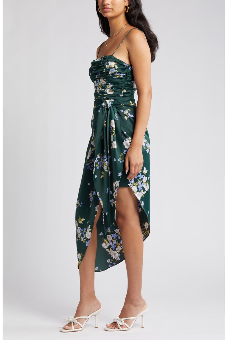 Ruched Bodice Satin Midi Dress, Alternate, color, HUNTER BOUQUET