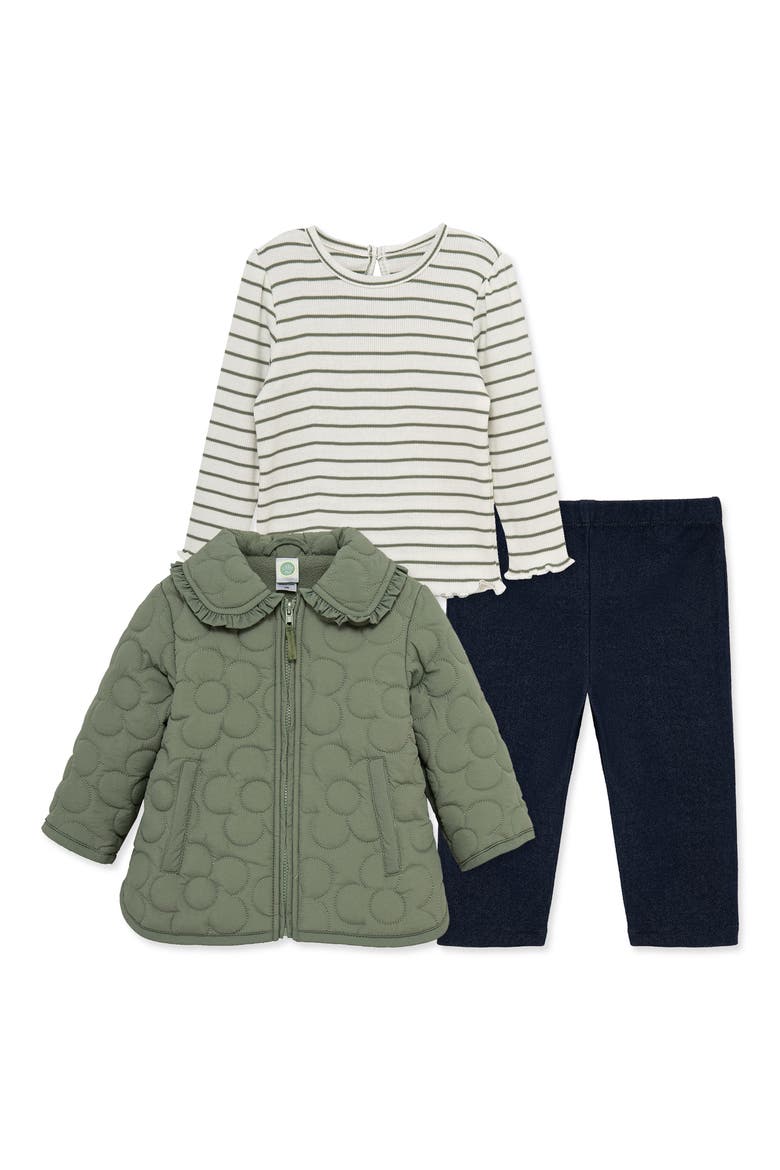 Set of 3 Stripe Rib Top, Knit Pants & Quilted Daisy Jacket, Main, color, GREEN