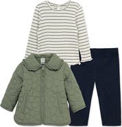 Little Me Set of 3 Stripe Rib Top, Knit Pants & Quilted Daisy Jacket
