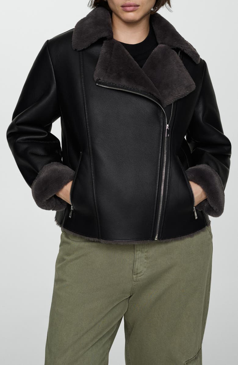 MANGO Faux Leather Moto Jacket with Faux Fur Lining, Main, color,