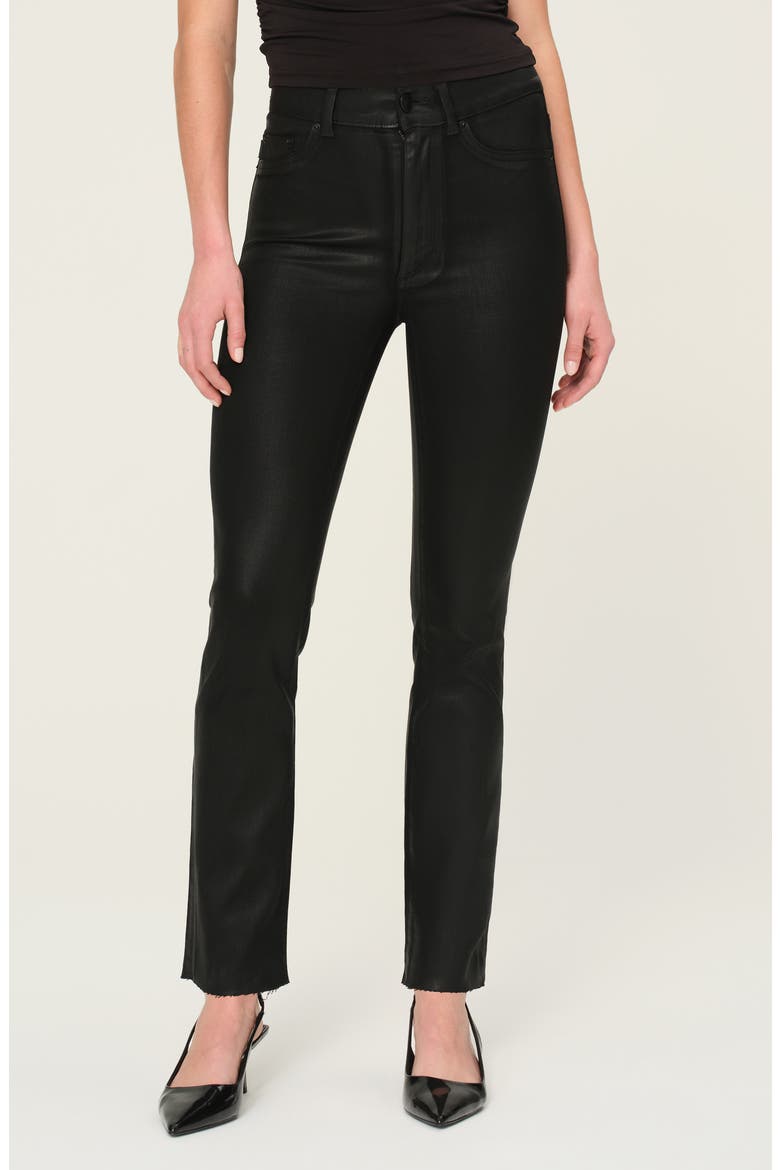 Halle Instasculpt Raw Hem High Waist Ankle Straight Leg Jeans, Main, color, BLACK COATED