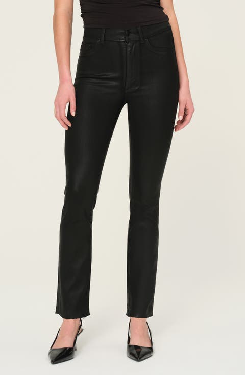 Halle Instasculpt Raw Hem High Waist Ankle Straight Leg Jeans (Black Coated)