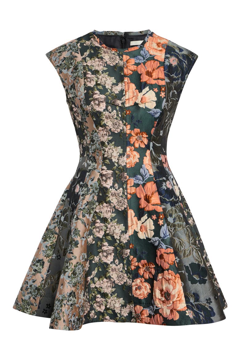 Mixed Floral Jacquard Fit & Flare Minidress, Alternate, color, HUNTER GREEN MULTI