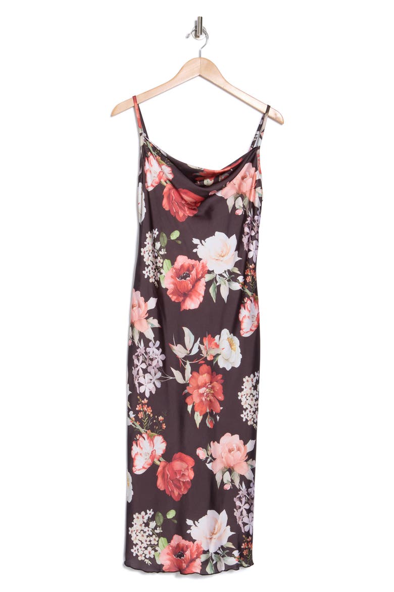 Printed Satin Bias Midi Dress, Alternate, color, BLACK/ FLORAL