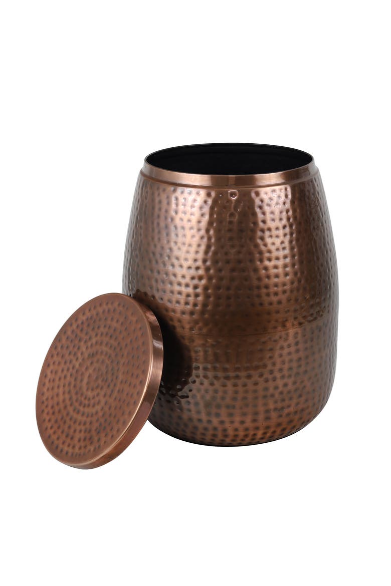 Merida Modern Rustic Hammered Metal Drum Storage Side Table with Lid, Main, color, Antique Copper