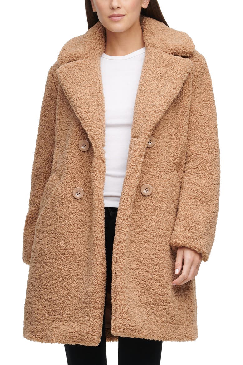 Notch Collar Curly Faux Shearling Coat, Main, color, CAMEL