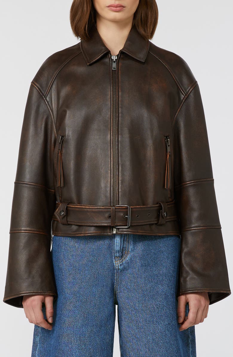 Weekend Max Mara Egizio Leather Moto Jacket, Main, color, Dark Brown