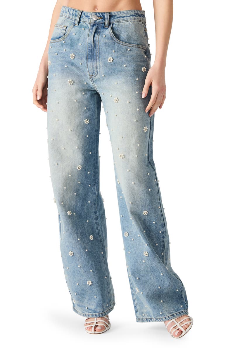 Steve Madden Fianna High Waist Faux Pearl Flare Leg Jeans, Main, color, Coastal Buffalo