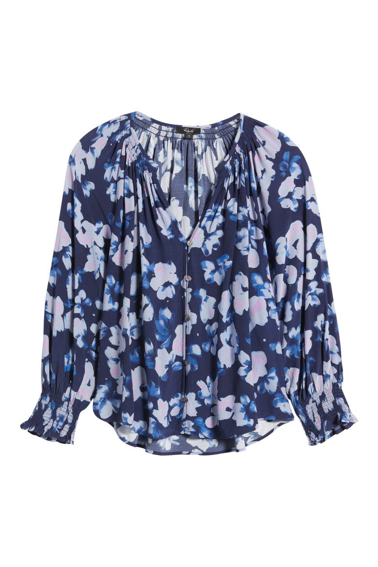 Mariah Floral Smocked Button-Up Peasant Top, Alternate, color, MIDNIGHT PEONY