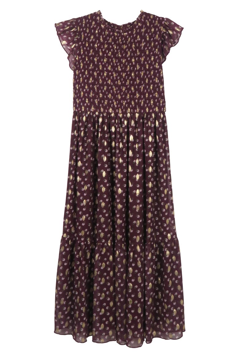 Kids' Ruffle Sleeve Smocked Maxi Dress, Main, color, BURGUNDY