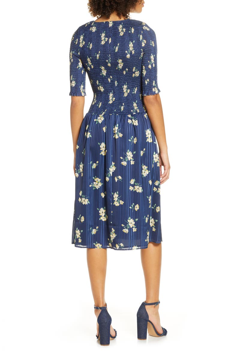 Barnsdall Floral Smocked Midi Dress, Alternate, color, NAVY FLORAL