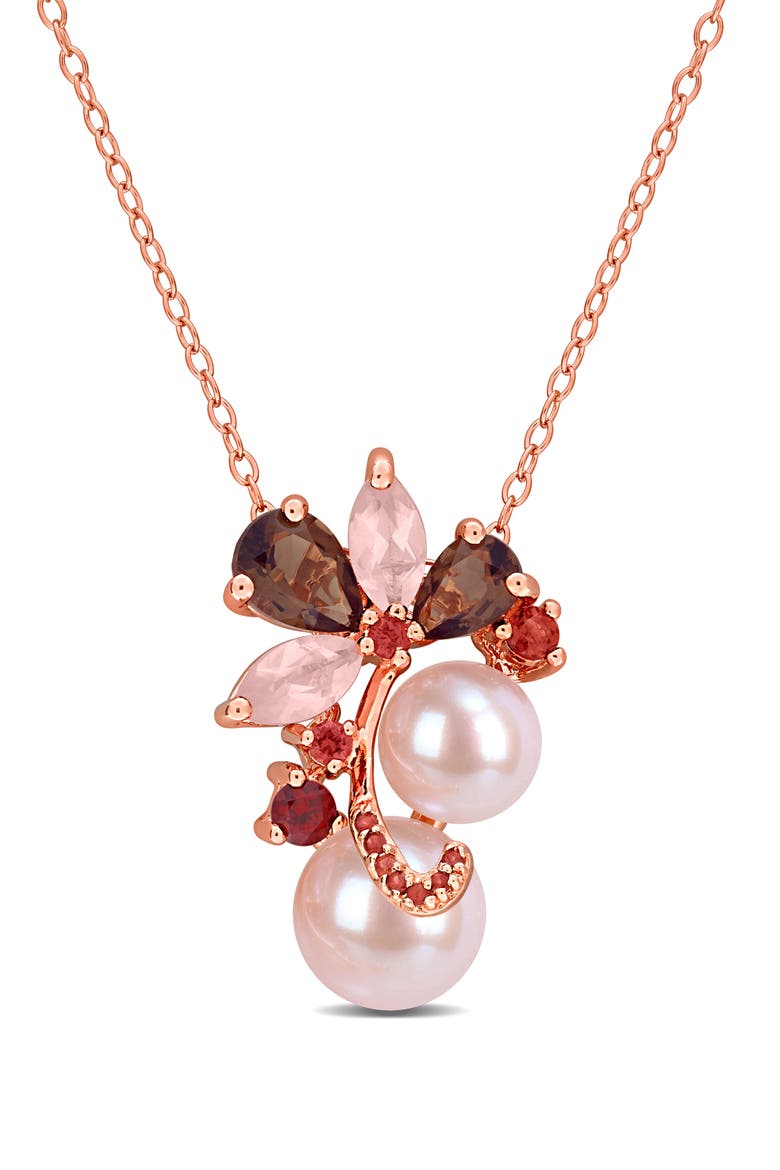 7-9mm Cultured Freshwater Pearl & Pink Gemstone Pendant Necklace, Main, color, PINK