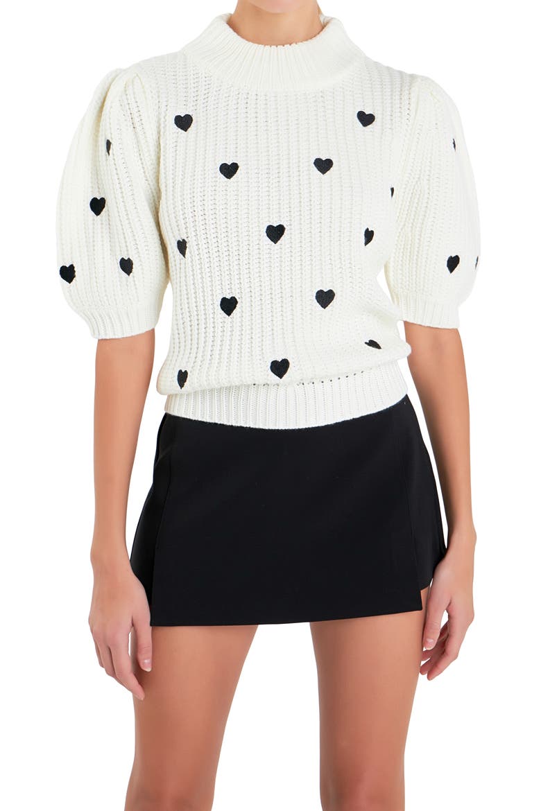 Heart Embroidered Puff Sleeve Sweater, Alternate, color, WHITE/ BLACK